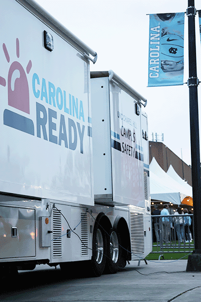The Command Center is stationed outside of the Dean Dome on Skipper Bowles Drive.